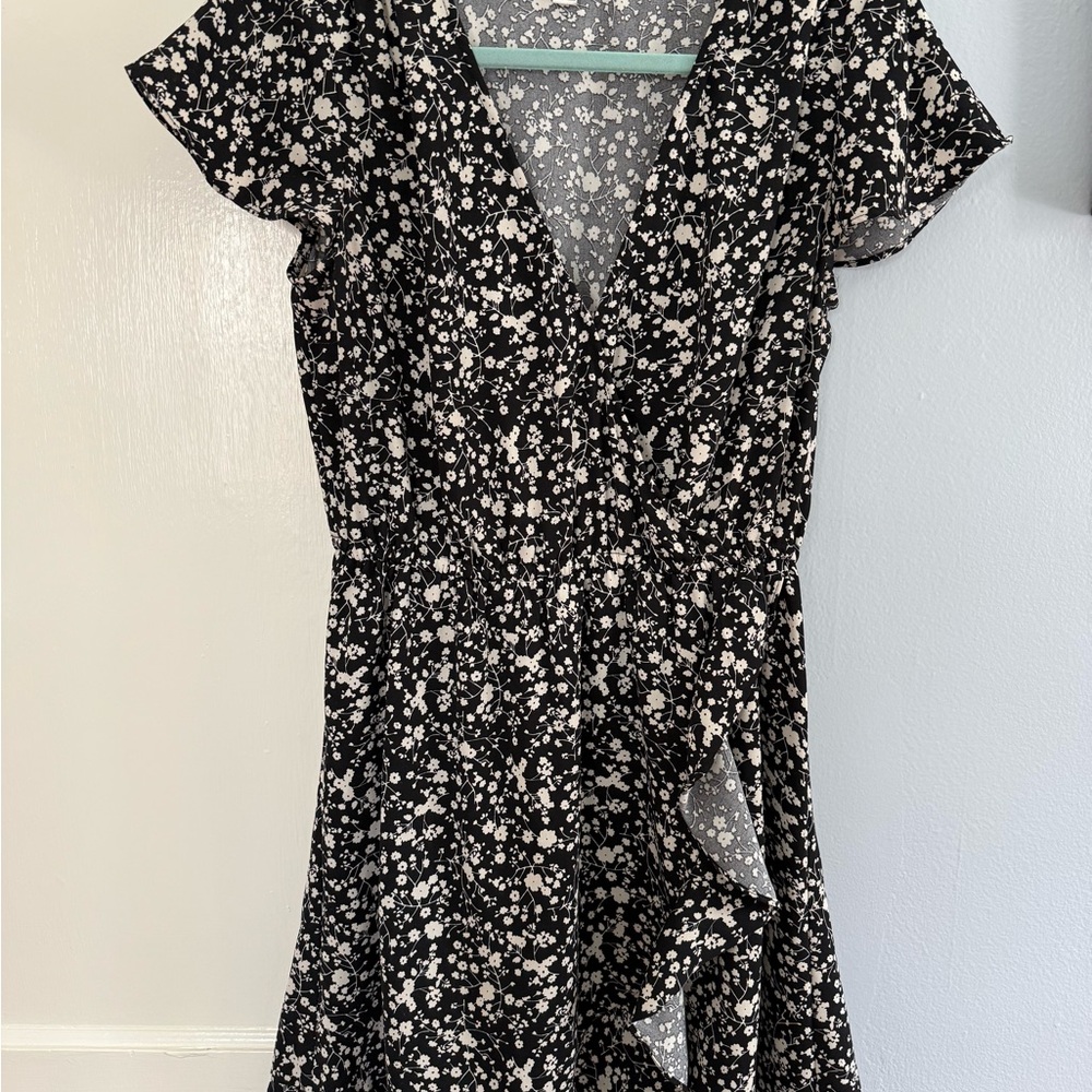 J. Crew Mercantile Black and White Floral Faux-Wrap Dress